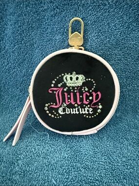 Juicy Couture Black & Pink Embroidered Round Coin Case with Gold Hardware